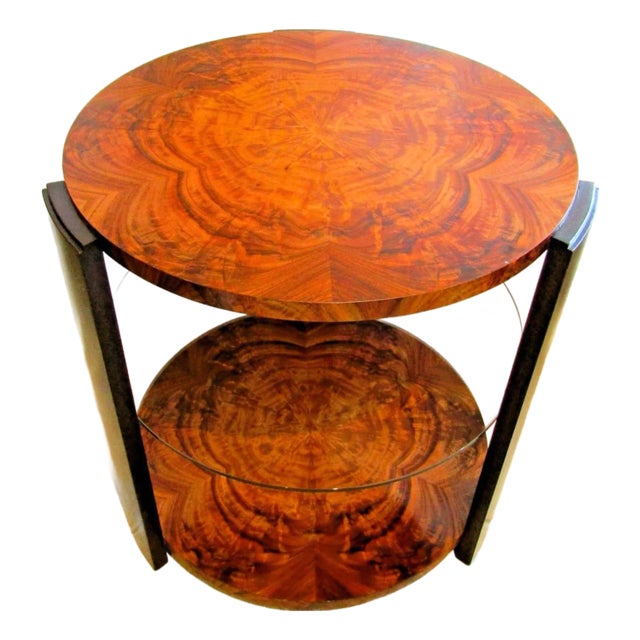 1990s Theodore Alexander Art Deco Style Round Wood and Glass Center / End Table For Sale
