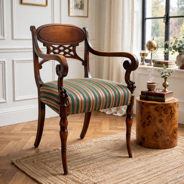 This beautiful English Regency armchair is a fine example of 19th-century design, a mix of neoclassical influences of both...