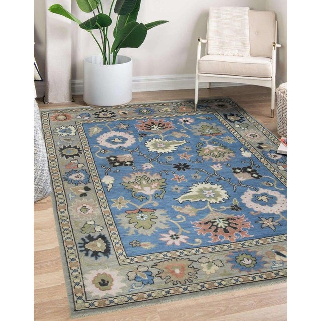Blue Oushak Style Floral Hand-Knotted Wool Rug 8x10 For Sale - Image 4 of 4
