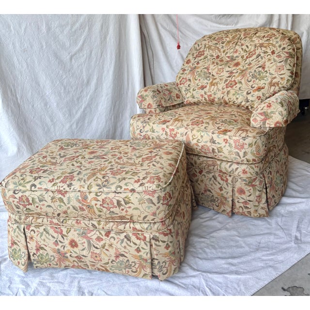 Vintage Ethan Allen Tapestry Club Chair and Matching Ottoman For Sale - Image 11 of 12