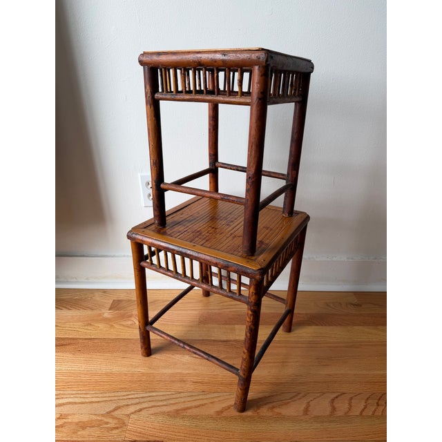 Pair Burnt or Tortoise Bamboo Nesting / Stackable Plant Stands / Side Tables. Circa Mid 20th Century. Perfect for...