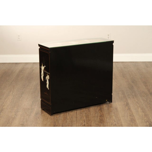 Chinoiserie Decorated Black and Gold Lacquer Glass Top Console Cabinet For Sale - Image 12 of 12
