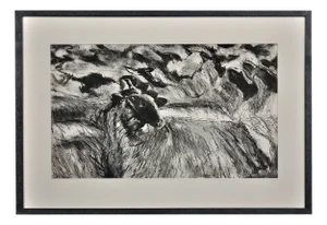 Susan Pomery Wilks, Flock of Sheep, Wales, Large Pastel & Charcoal Artwork, 1990s, Framed