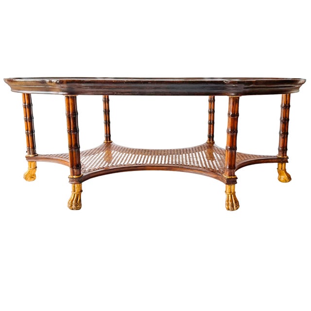 English Vintage Large English Regency Style Faux-Bamboo Coffee Table With Caned Tier & Gilt Lion Paw Feet For Sale - Image 3 of 13