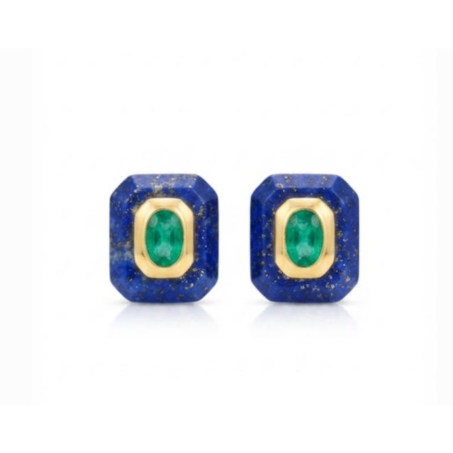 Emerald Natural Emerald & Lapis Earring in 14k Gold For Sale - Image 8 of 8