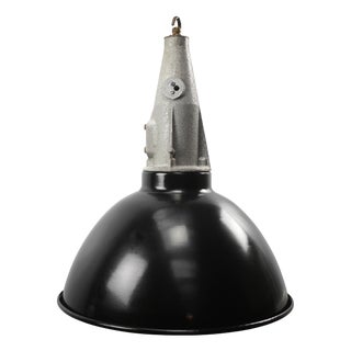 Vintage Industrial Black Enamel Cast Pendant Light For Sale