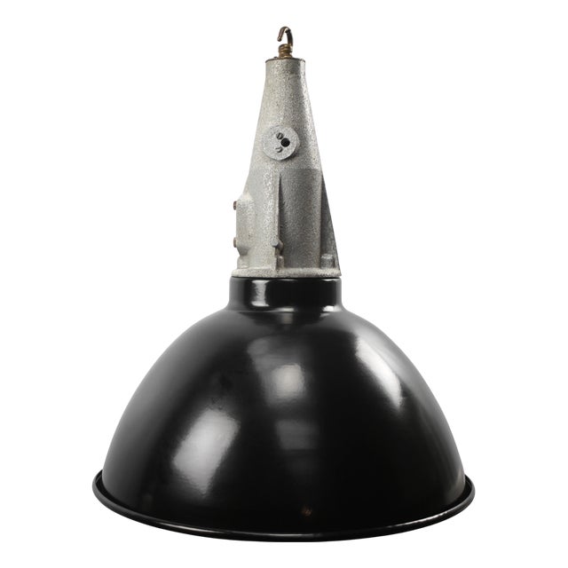 Vintage Industrial Black Enamel Cast Pendant Light For Sale
