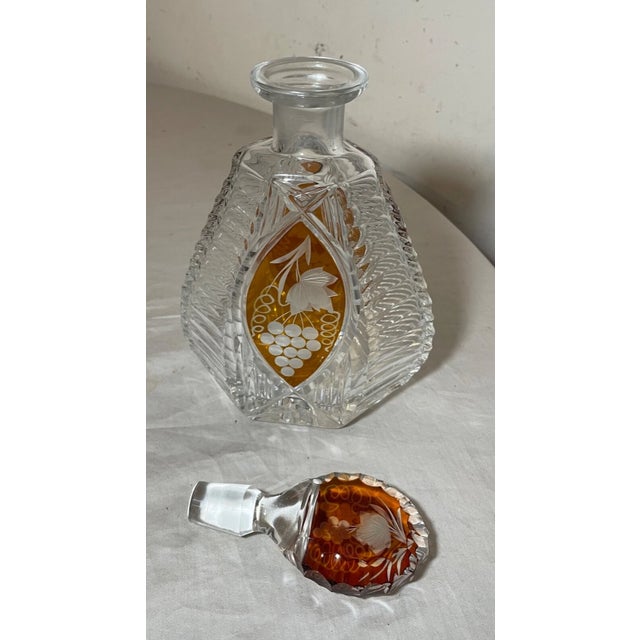 Orange Vintage Orange Cut to Clear Czech Bohemian Crystal Glass Liquor Decanter Bottle For Sale - Image 8 of 12