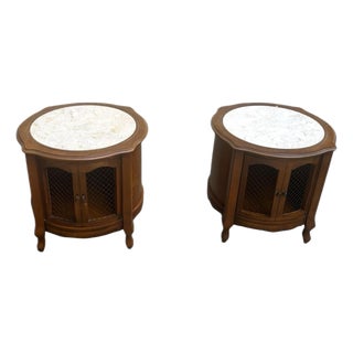 1950s Set of Walnut French Provincial Round Cabinets With Inlaid Marble Tops For Sale
