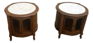 1950s Set of Walnut French Provincial Round Cabinets With Inlaid Marble Tops