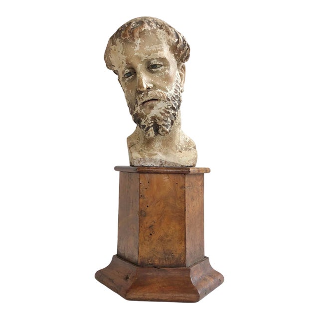18th Century Spanish Colonial Carved Wooden Head of a Saint For Sale