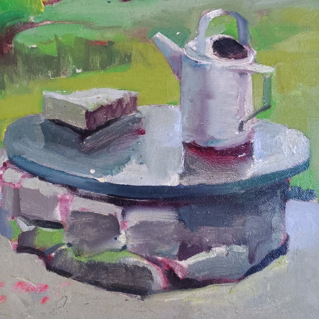 1990s Watering Can on the Wishing Well Oil Painting For Sale - Image 5 of 6
