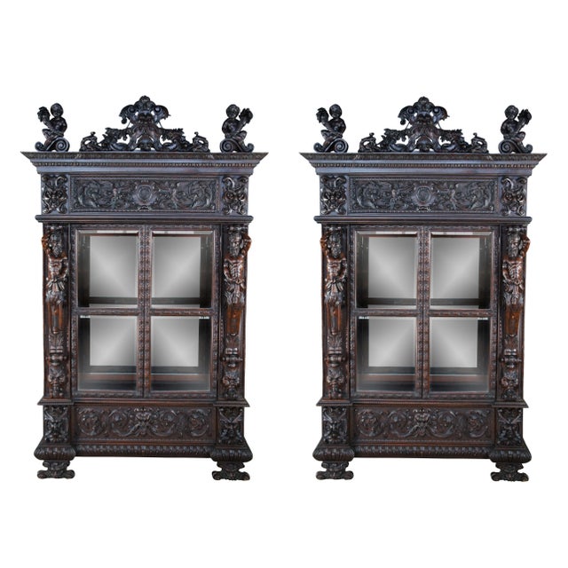 Traditional Monumental Antique Italian Renaissance Figural Mahogany Bookcase Curio Display Cabinet For Sale - Image 3 of 12