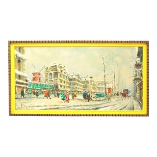 1960's Original Oil on Canvas Painting - European Snowy Street Scene - Signed For Sale