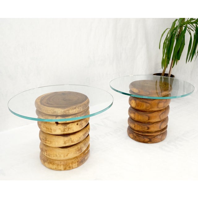 Pair Solid Carved Wood Cylinder Shape Bases Glass Top End Side Tables Stands For Sale - Image 4 of 18