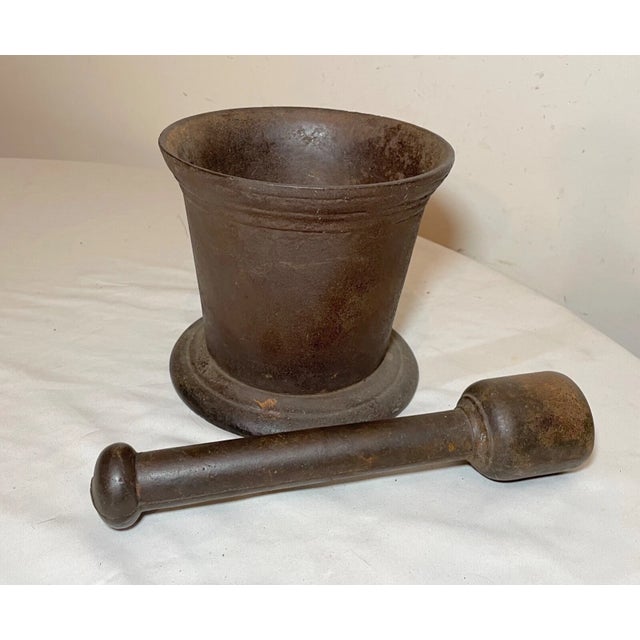 Huge Rare Antique Early 19th Century Handmade Solid Cast Iron Mortar and Pestle For Sale - Image 10 of 12