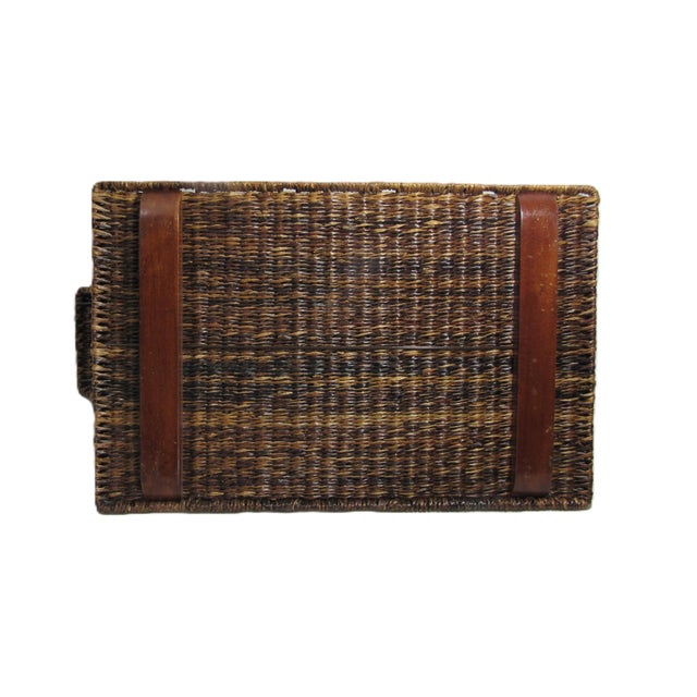 Wood Vintage Rattan Wicker Serving Tray 22" X 13" Handles + Footed For Sale - Image 7 of 11