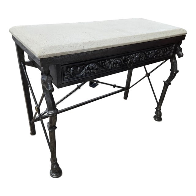 Late 20th Century Neoclassical Horsehead Wrought Iron Console Table W Cast Stone Top For Sale