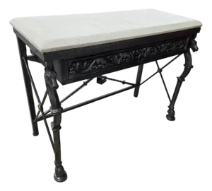 Late 20th Century Neoclassical Horsehead Wrought Iron Console Table W Cast Stone Top