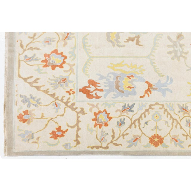 Modern Oushak Wool Rug Handmade Soft-Tone With Botanical Motifs For Sale - Image 11 of 11