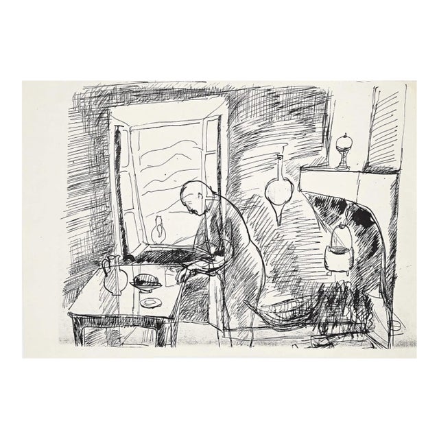 Herta Hausmann, In the Kitchen, Black Pen Drawing, Mid-20th Century For Sale