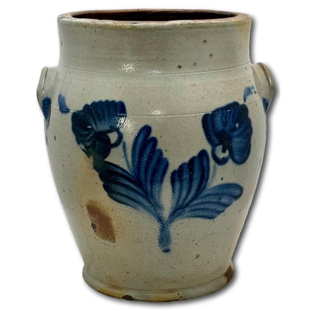 This Really is a Exceptionally Nice Looking and Quite Rare Antique Early American Blue Decorated Stoneware Storage Jar -...