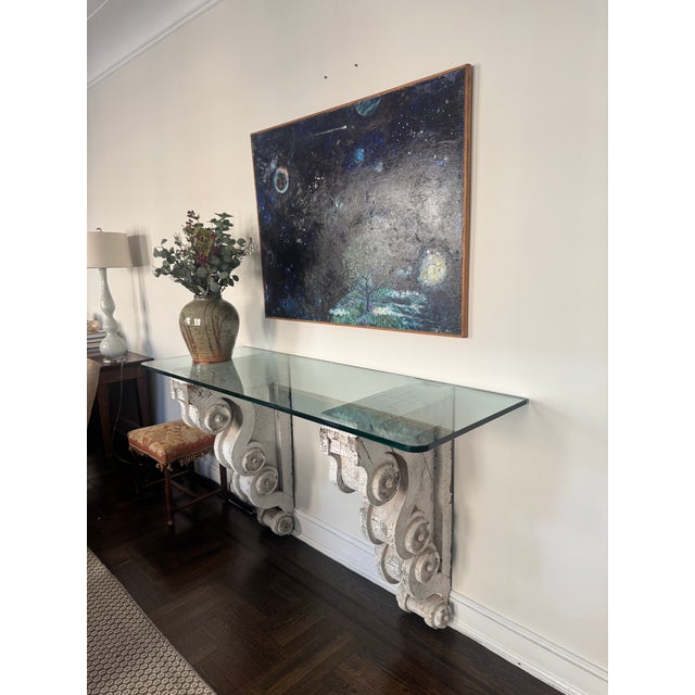 Rustic Late 19th Century Monumental Antique Carved Wood Architectural Corbel Console Table With Glass Top For Sale - Image 3 of 10