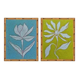 Original Framed Botanical Diptych Painting Set White Flower Gold Wall Art Oil Canvas by Tatiana Duperault For Sale