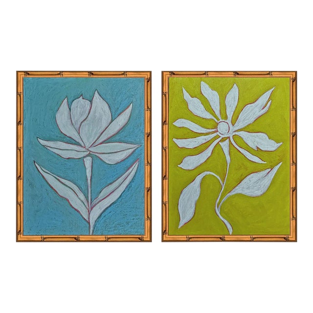 Original Framed Botanical Diptych Painting Set White Flower Gold Wall Art Oil Canvas by Tatiana Duperault For Sale