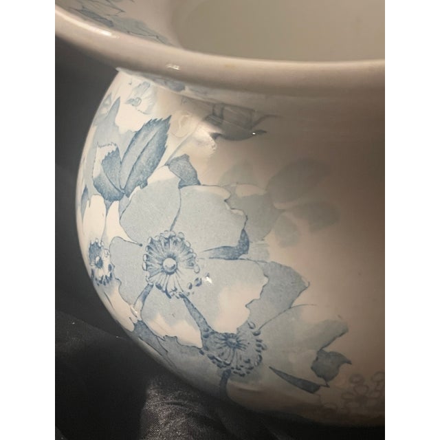 Victorian Antique Victorian Semi Porcelain Spittoon Ridgways Blue White Dog-Rose Pattern For Sale - Image 3 of 8