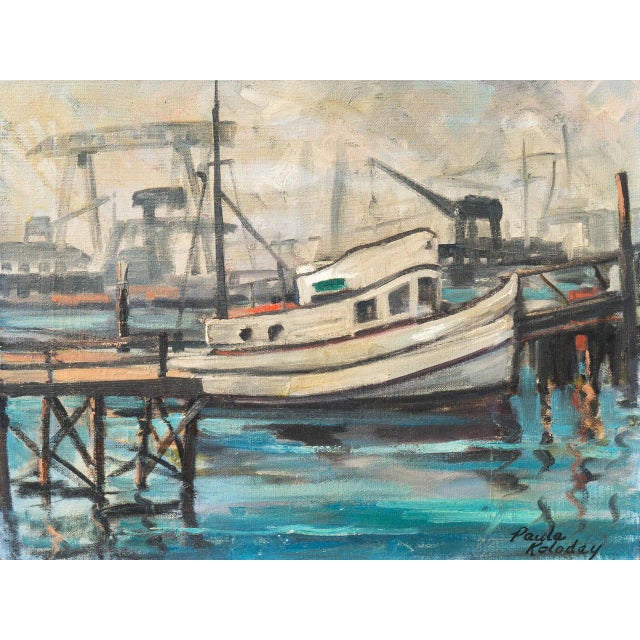 'Industrial Harbor' by Paula Koloday; 1965, California Modernist Oil For Sale