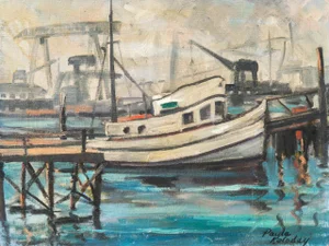 'Industrial Harbor' by Paula Koloday; 1965, California Modernist Oil
