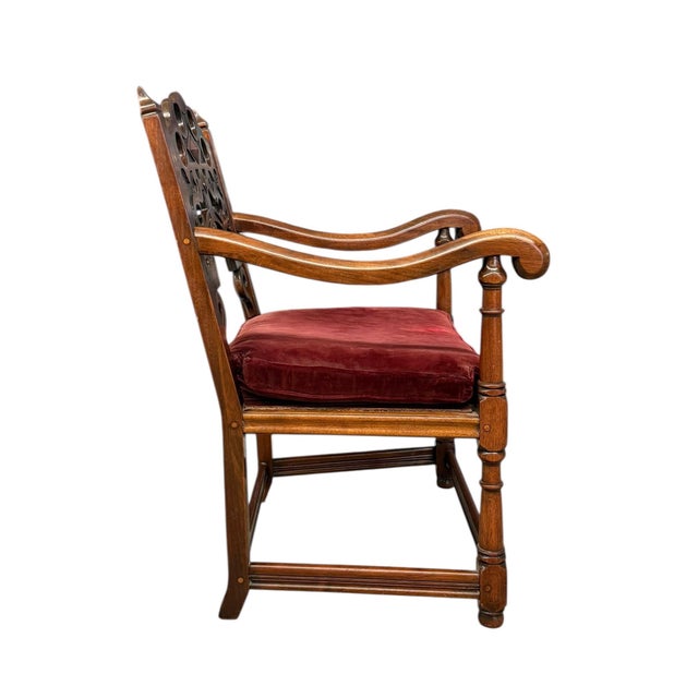 1970s Vintage Tudor Gothic Revival Style Arm Chair With Intricate Carvings With Removable Original Upholstered Seat For Sale - Image 9 of 9
