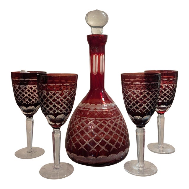 Mid 20th Century Bohemian Crystal Decanter and 6 Stems For Sale
