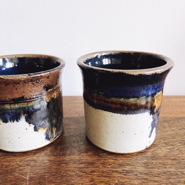 Set of 5 vintage stoneware ceramic handmade studio pottery mugs. Signed by artist and dated ‘83. 4” diameter x 3.5” height...