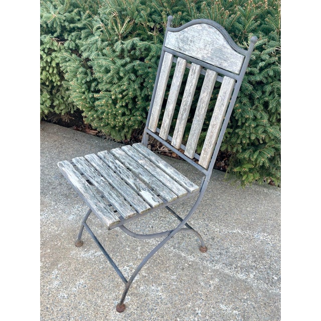 Pair (2) Vintage French Wood & Metal Folding Bistro Chairs Wrought Iron Frame and Teak Slats For Sale - Image 9 of 12