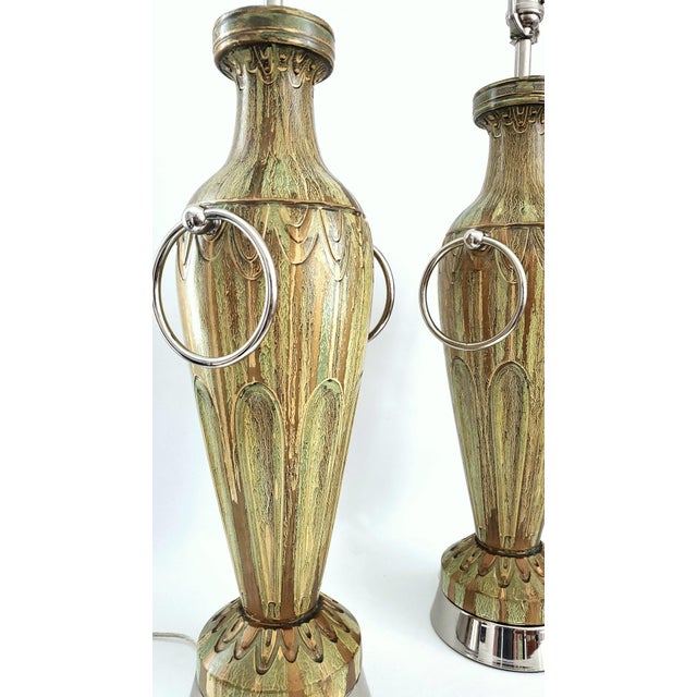 Metal Large Lamps Sage Green & Bronze Painted Plaster New Nickel Silver Hardware - Pair For Sale - Image 7 of 14