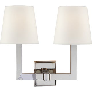 Chapman & Myers for Visual Comfort Signature Square Tube Double Sconce in Polished Nickel with Linen Shades For Sale