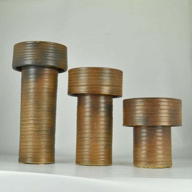 Ceramic Tall Cylinder Vases in Earth Tones, Set of 3 For Sale - Image 7 of 14