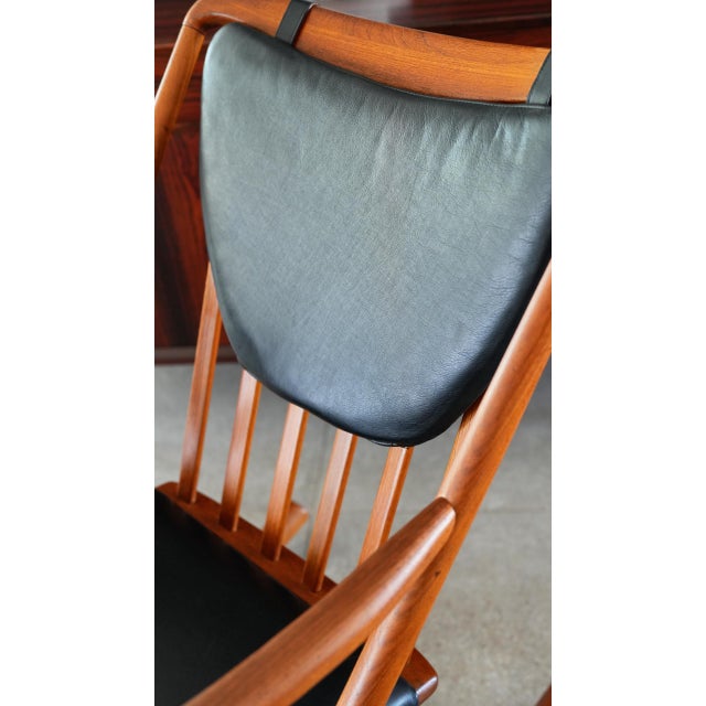 1960s Attributed to Benny Linden Danish Teak Rocking Chair | Reupholstered Black Leather For Sale In Phoenix - Image 6 of 13