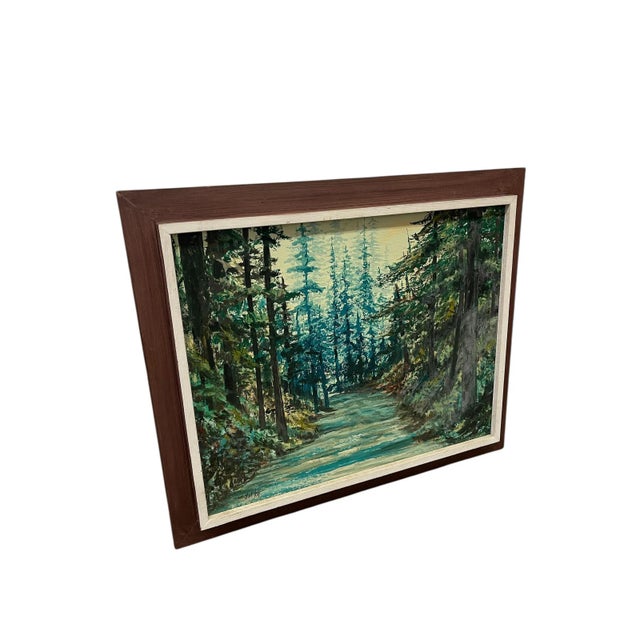 Original oil painting on canvas panel by artist Del Kay, titled "Woods." This work depicts a serene forest path surrounded...