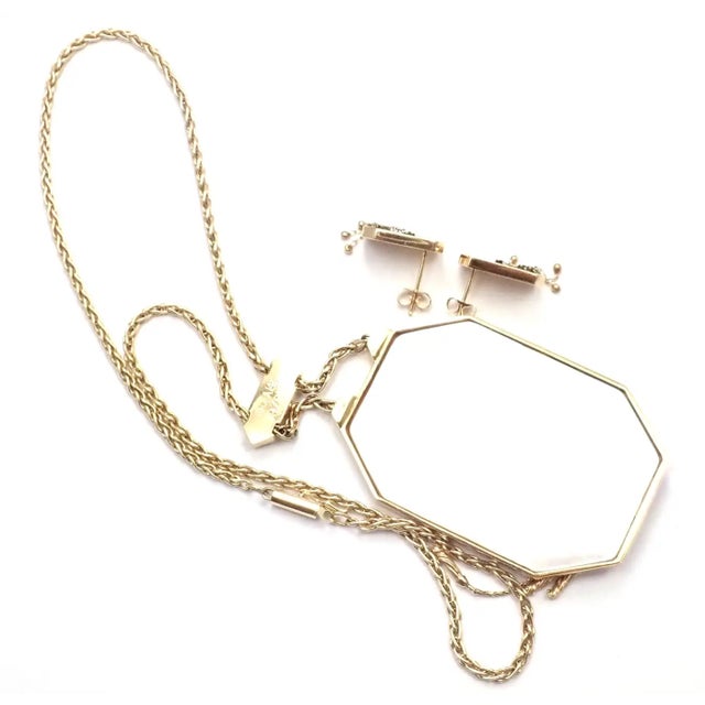 1970s 1970s Erté Folies Diamond Onyx Mother of Pearl Yellow Gold Necklace and Earrings Set, 3 Pieces For Sale - Image 5 of 10