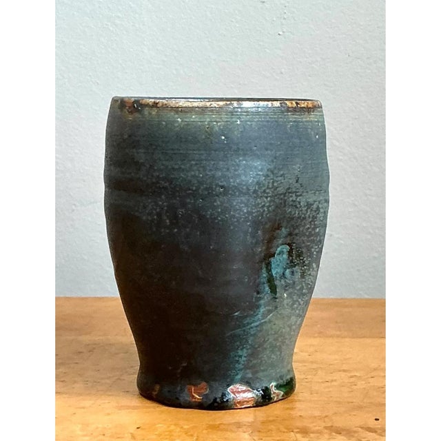 Mid-Century Modern Vintage Blue Green Glazed Pottery Vase For Sale - Image 3 of 12