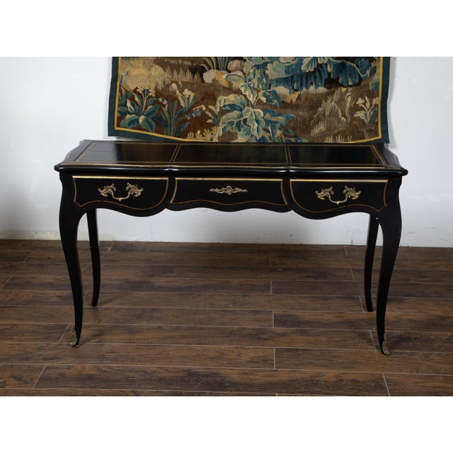 Wood Mid 20th Century Louis XV Style Auffray and Co Black Desk with Leather Top and Bronze Mounts For Sale - Image 7 of 12