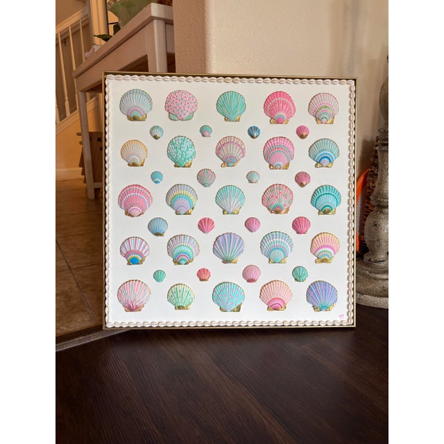 Boho Chic Painted Shells on Canvas in Coastal Color 24x24” in Gold Frame, Coastal Shell Art For Sale - Image 3 of 5