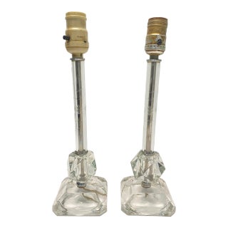 1920s Art Deco Etched Glass Table Lamps – Vintage Crystal Lamp Bases, Pair For Sale