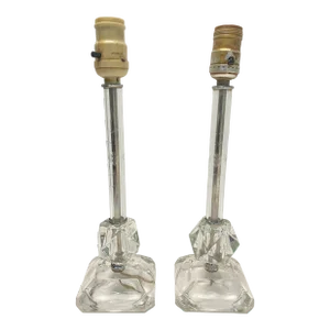 1920s Art Deco Etched Glass Table Lamps – Vintage Crystal Lamp Bases, Pair