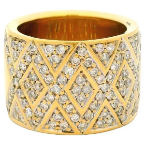 18K Yellow Gold Hexagon Pavé Diamond Wide Band Ring