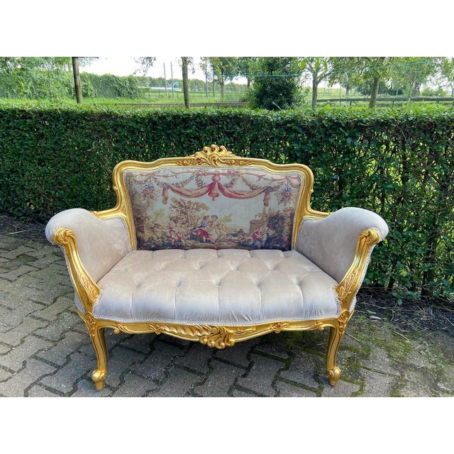 Late 20th C. French Louis XVI Settee, Gold & Velvet and Scenic Backrest For Sale - Image 9 of 12