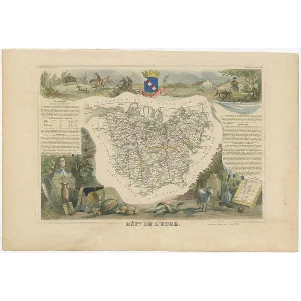 Antique map titled 'Dépt. de l'Eure'. Map of the French department of Eure, France. This region of France is home to...